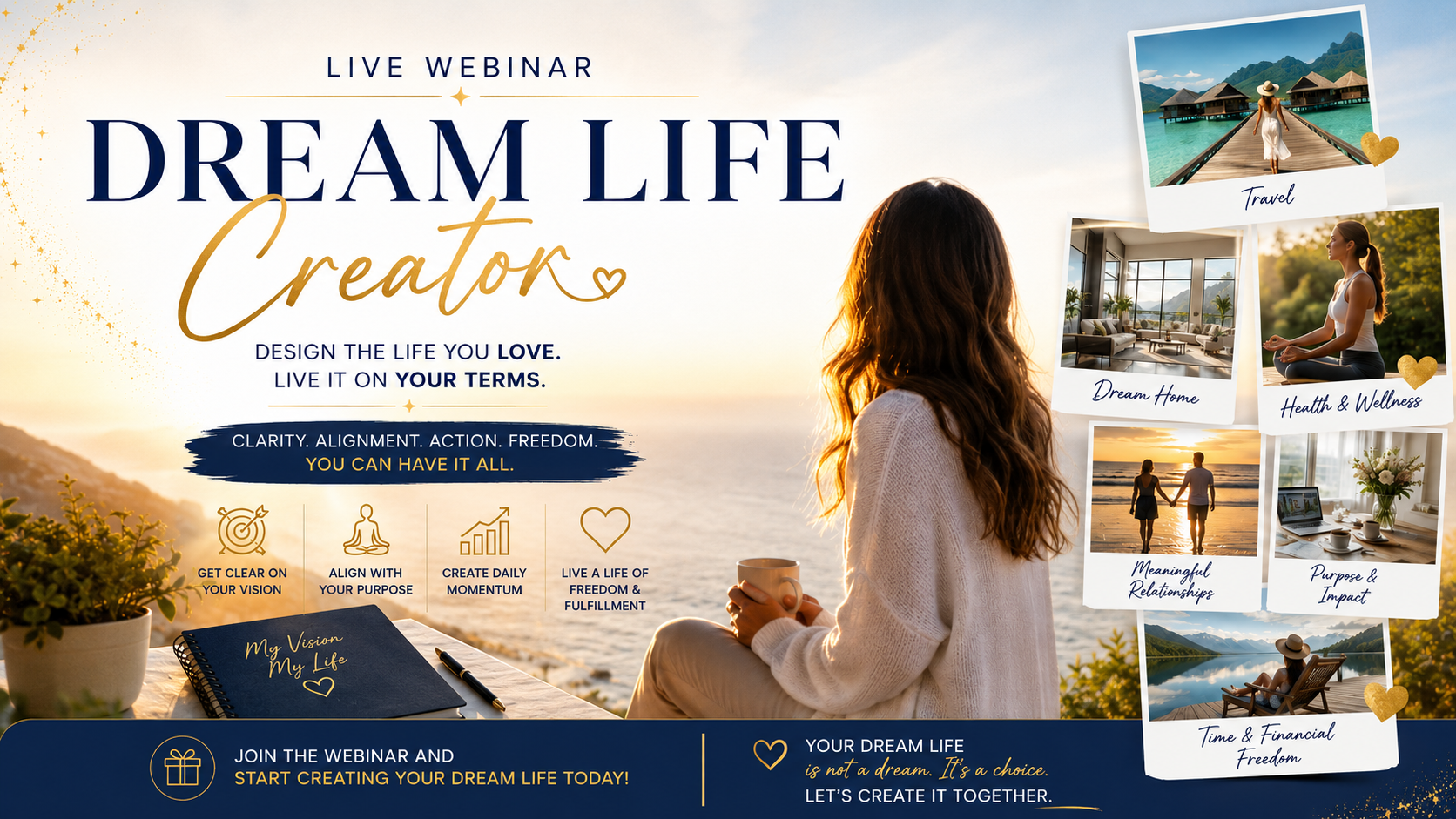 Dream Life Creator live webinar banner showing a woman overlooking a calm ocean at golden hour with a vision journal, alongside polaroid photos of travel, dream home, wellness, relationships, purpose, and financial freedom